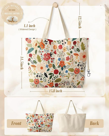 Large Tote Bag for Women - Aesthetic Cute Big Canvas Bags with Zipper Cotton Shoulder Bag for Gym, Travel, Work