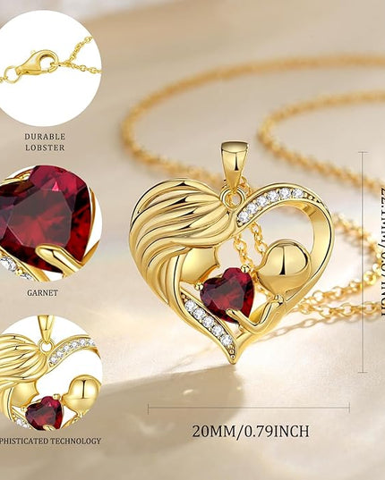 FANCIME Mom Birthstone Necklace Mother and Child Love Heart Necklace I Love You Mom Gifts Mothers Day Birthstone Jewelry Gifts for Grandmother Women Wife, 16"+2" Inches
