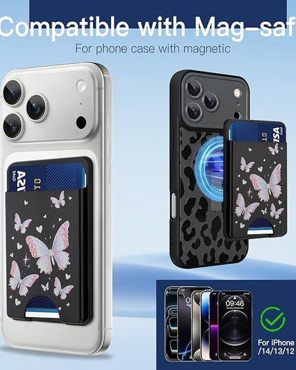 Stronger Magnetic Card Slot Wallet for iPhone 17/16/15/14/13/12 Series (Not for 13/12 Mini), Butterfly Pattern Hard Card Holder Fit 3 Cards Compatible with Magsafe Accessories, Black