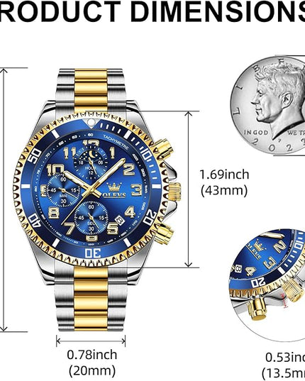 OLEVS Mens Watches Chronograph Watch Luxury Dress Stainless Steel Waterproof Watches for Men Moon Phase Luminous Business Calendar Wrist Watch Blue/Black/Green/Gold/Face