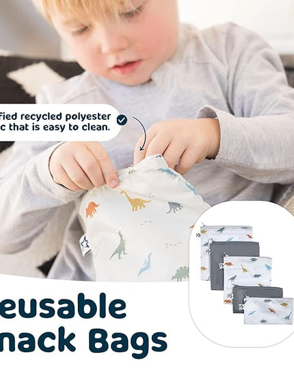Tiny Twinkle Reusable Snack Bags for Kids – 3 Pack Snack Pouches & Sandwich Bag for Toddlers – Machine Washable, Mess-Proof for Lunch & Travel (Dinosaur)