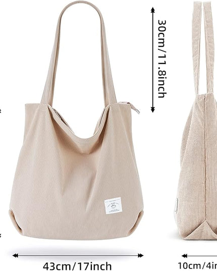 KALIDI Women Corduroy Tote Bag Zipper Casual Tote's Handbag Big Capacity Shoulder Bag with Pockets