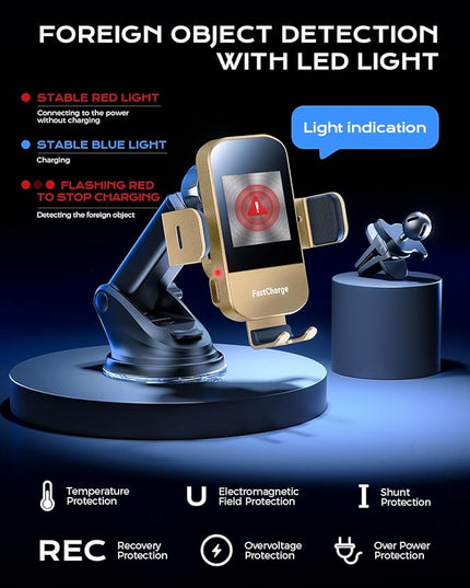 CHGeek Wireless Car Charger, 15W Fast Charging Auto Clamping Car Charger Phone Mount Phone Holder fit for iPhone 15 14 13 12 11 Pro Max Xs, Samsung Galaxy S25 Ultra S24 S23 S22, S21, S20, Golden