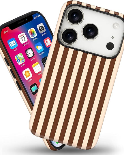Magnetic for iPhone 17 Pro Max Case Cute Stripes Phone Case, Shockproof Slim TPU and Hard PC Protective Phone Cover Compatible with MagSafe Designed for Women Girls, Brown