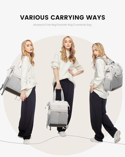 LOVEVOOK Laptop Backpack for Women, 15.6 Inch Work Laptop Bag with USB Port, Fashion Teacher Nurse Backpack Purse, Waterproof Travel Computer Backpack with Organizer Bag, 2PCS, Beige-Light Grey
