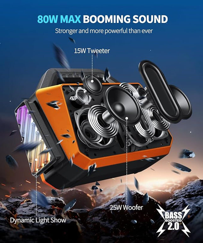 Bluetooth Speaker - 80W Loud, Rugged Outdoor Speakers, IPX6 Waterproof, 20H Playtime, Deep Bass, Lightshow, TWS, BT 5.3 Wireless, Portable for Travel Hiking Camping Beach Pool - Orange