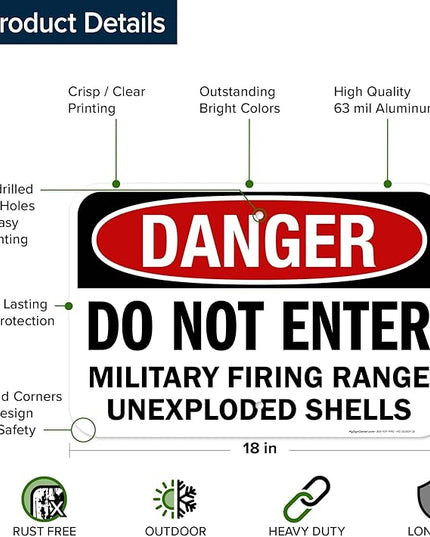 Danger Do Not Enter Military Firing Range Unexploded Shells Sign, 12x18 Inches, Rust Free .063 Aluminum, Fade Resistant, Made in USA by My Sign Center