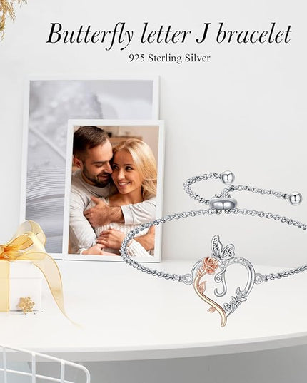 TOUPOP Gifts for Women Rose Heart Initial Bracelet 925 Sterling Silver Butterfly Letter Link Bracelet Love Jewelry Valentines Day Birthday Gifts for Her Wife Girlfriend Mom