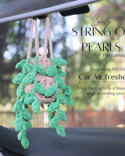 Handmade Crochet Hanging Car Air Freshener,12ml Empty Refillable Oil Diffuser Bottle with Crochet Hanging succulents Plant for Car Rearview Mirror for Home, and Office Hanging Diffuser Decor