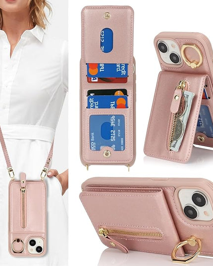for iPhone 15 Wallet Case with Card Holder, for iPhone 15 Case Wallet with Strap Credit Card Slot, Crossbody Bag with Zipper Case for iPhone15 - Rose Gold