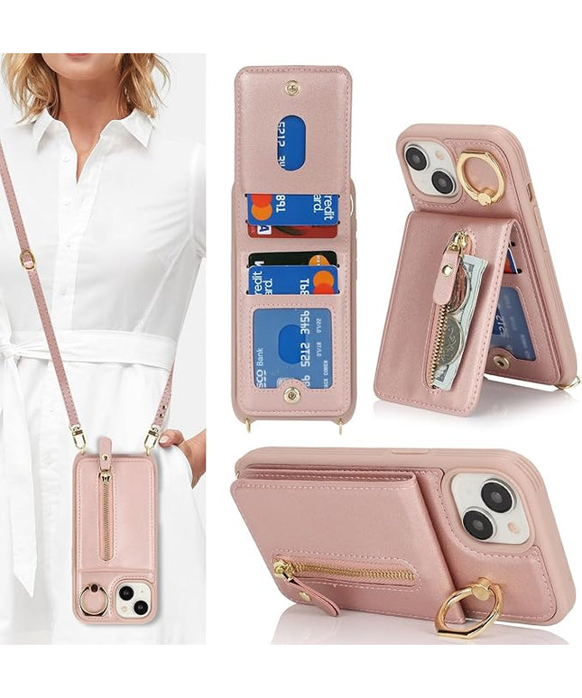 for iPhone 15 Wallet Case with Card Holder, for iPhone 15 Case Wallet with Strap Credit Card Slot, Crossbody Bag with Zipper Case for iPhone15 - Rose Gold