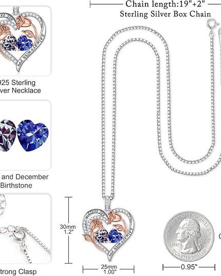 Iefil Christmas Gifts for Women Wife - 925 Sterling Silver Rose Heart Birthstone Necklace Birthday Anniversary Jewelry Gifts for Her Wife Mom Daughter