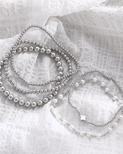 Gold Beaded Bracelets for Women, 14K Real Gold Plated Jewelry for Women Dainty Pearl Bead Bracelets Stack, Non Tarnish Trendy Stackable Ball Cross Stretch Bracelet Set Fashion Accessories Gifts