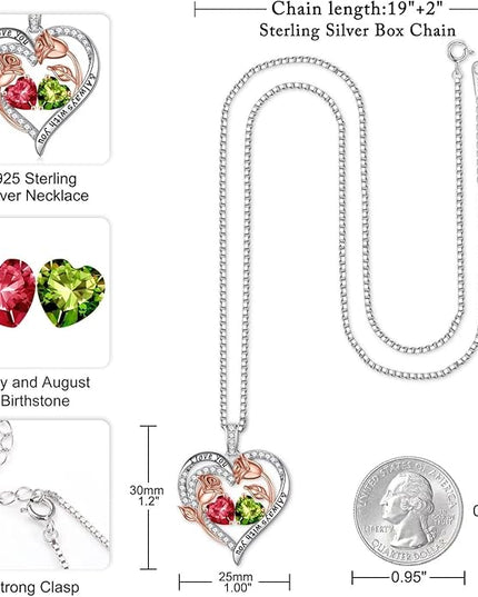 Iefil Christmas Gifts for Women Wife - 925 Sterling Silver Rose Heart Birthstone Necklace Birthday Anniversary Jewelry Gifts for Her Wife Mom Daughter