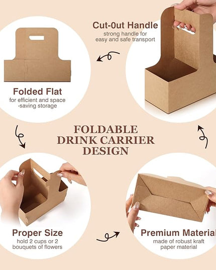 Bakbania 40 Pieces Flower Gift Bags 2 Cup Disposable Drink Carrier with Handle Floral Wrap Packing Bags for Birthday Wedding Party Gift Decor