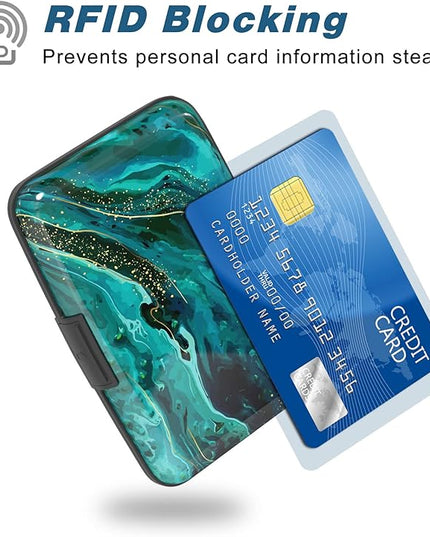 Atufsuat Credit Card Holder, Mini Aluminum Card Wallet RFID Blocking Slim Metal Hard Card Case for Women Men, Ocean Marble