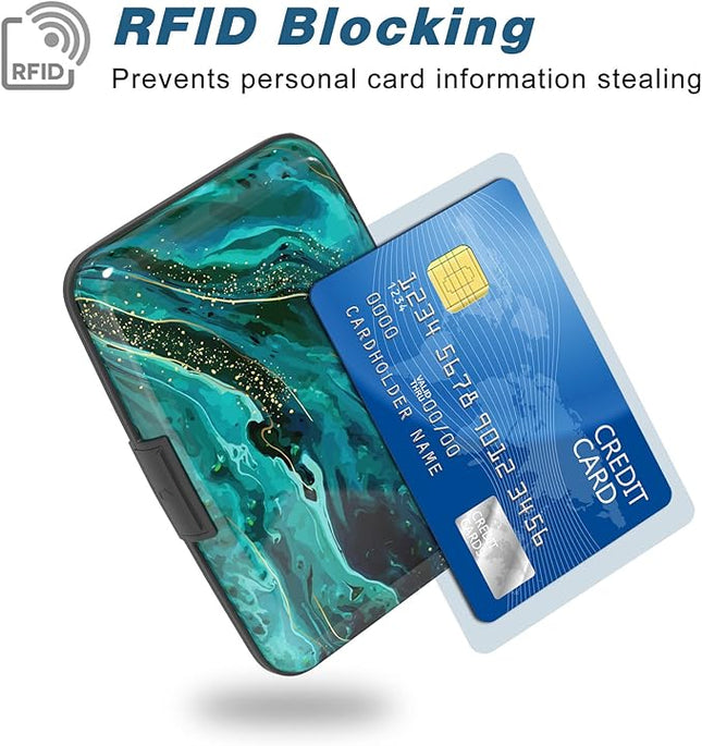 Atufsuat Credit Card Holder, Mini Aluminum Card Wallet RFID Blocking Slim Metal Hard Card Case for Women Men, Ocean Marble