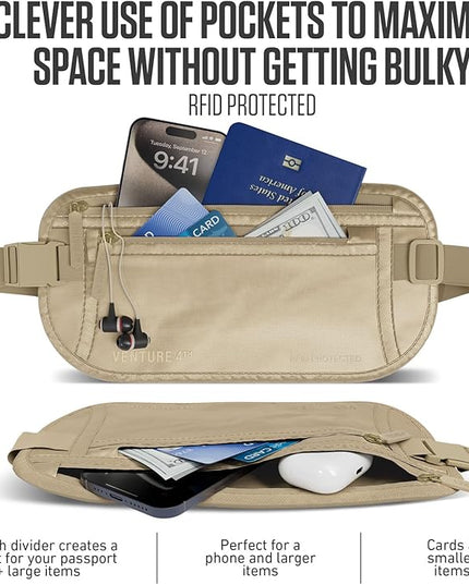 VENTURE 4TH Money Belt for Travel – Hidden Under-Clothes RFID Blocking Passport Holder & Slim Travel Wallet Pouch for Men & Women to Protect Cash, Cards & Documents (Sleek Beige)