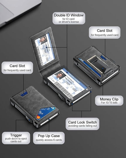 Wallet for Men RFID Wallet with 2 ID Windows & Money Clip, Slim Pop Up Card Holder for 10-12 Cards, Bifold Minimalist Smart Wallet for Front Pocket, Compact Metal Credit Card Holder, Gifts for Men