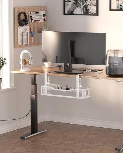 Under Desk Cable Management Large, Cinati 16" Cable Management Box for Table Thickness up to 3", Wire Cord Organizer with Clamp No Drill, No Damage to Desk (White)