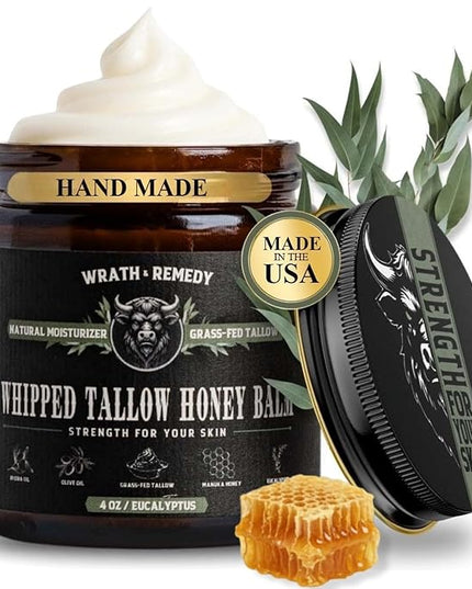 Organic Beef Tallow for Skin - 4 OZ (Eucalyptus) — Grass Fed Beef Tallow for face + Body — US-Made Whipped Tallow and Honey Balm Moisturizer for Dry and Sensitive Skin, Eczema, Rosacea (No Additives)
