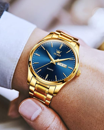 OLEVS Men's Luxury Watch Waterproof Luminous Easy Read Chronograph Watches Full Gold/White Dail/Black Face with Calendar Wristwatch