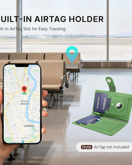 ALLIVE Genuine Leather Family Passport Wallet, Rfid Blocking Passport Holder for Travel, passport cover with AirTag Slot for Women & Men, Airport Essentials, Family Travel Gift (Avocado Green)