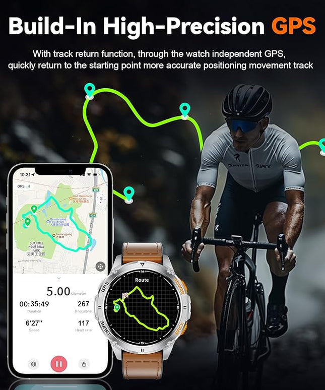 LIGE GPS Smart Watch for Men, 1.43" AMOLED/LED Flashlight/Compass Smartwatch, IP68 Waterproof/Swim Mode/Pedometer/100+ Sports Mode Fitness Tracker, Military Smart Watches for Android iOS Compatible