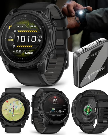 Garmin Tactix 8, 51mm, AMOLED Display, Titanium Bezel, Sapphire Lens, Premium Tactical GPS Smartwatch, Includes Applied Ballistics Ultralight Solver, 40 M Dive Rating w/Wearable4U PowerBank Bundle