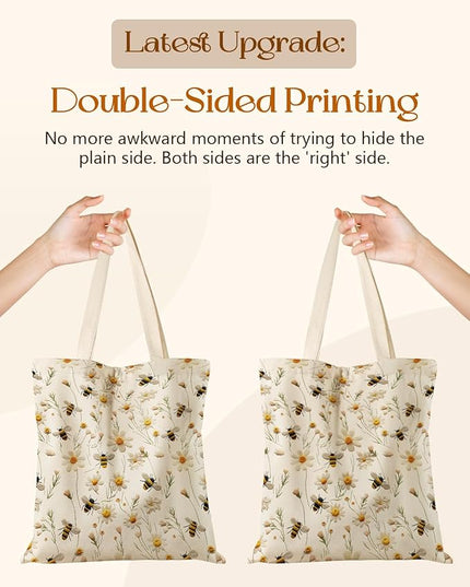 Canvas Tote Bag with Pockets - Aesthetic Reusable Totes for Women Ladies Cute Printed Cloths Canvas Shoulder Bag