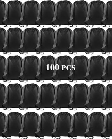 KUUQA 100Pcs Black Drawstring Backpack Bag Sack Drawstring Bags Bulk String Bags Storage Bags for Sport Gym Traveling