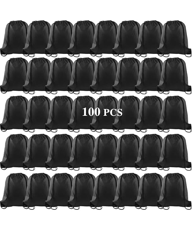 KUUQA 100Pcs Black Drawstring Backpack Bag Sack Drawstring Bags Bulk String Bags Storage Bags for Sport Gym Traveling