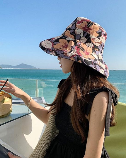 HUAMULAN Women Summer Sun Hat Wide Brim Wired Edge Floral Beach Bucket Hats Reversible Foldable Travel UV Protection Lady Hat