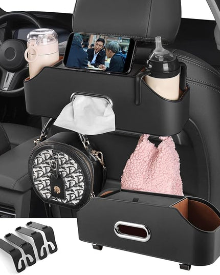 HOLDCY Car Back Seat Organizer with 2 Drink Cup Holder - Tissue Box and Storage Box Hook - Multi-functional Storage - Great for Kids and Travel (Black)