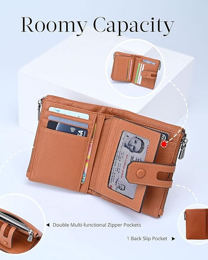 Bveyzi Small Soft Leather Wallet for Women RFID Blocking Ladies Card Holder with Double Zipper Pocket