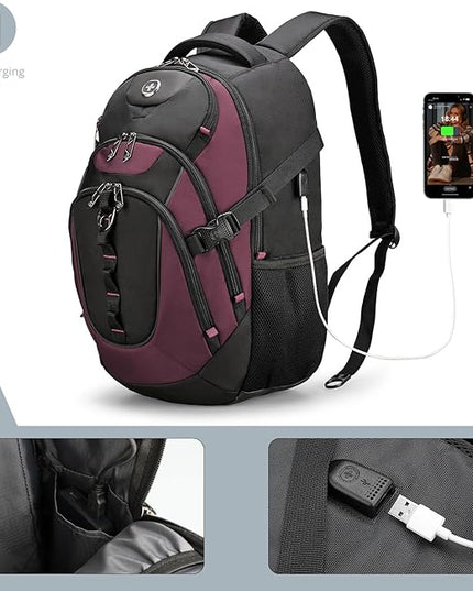 Swissdigital Design Laptop Backpack with USB Charging Port, Travel Backpack Fits 15.6 inches Computer, 31L College School Backpack for Women, Angola red/Black | SD803-44