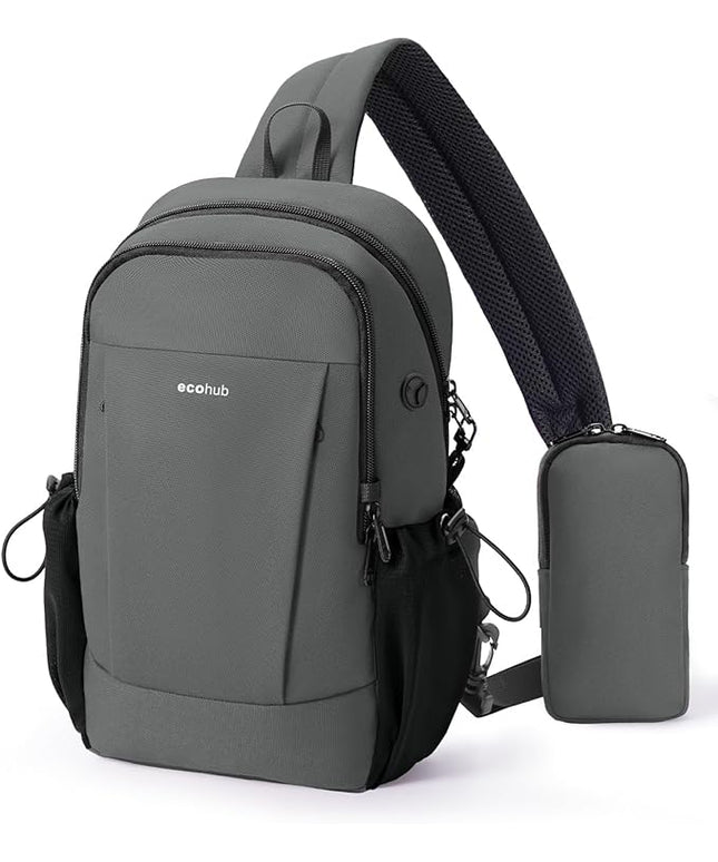ECOHUB Anti-Theft Crossbody Bag Men Women, RFID Blocking Lightweight Sling Backpack Eco-Friendly with 9 Pockets Sturdy SBS Zippers Water Resistant for Travel Work Hiking Outdoor, Grey