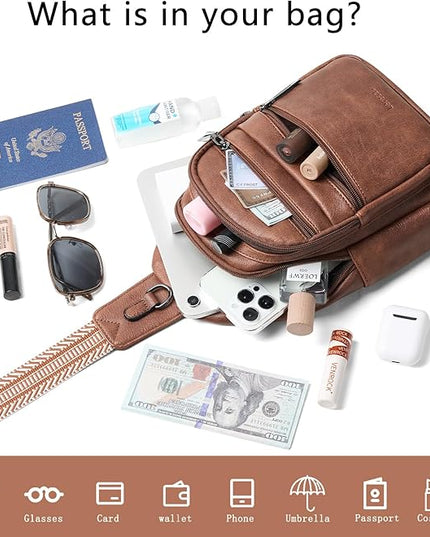 Sling Bag for Women Crossbody Bags Fanny Packs Over Shoulder Bag Sling Purse Backpack Vegan Leather Travel Brown