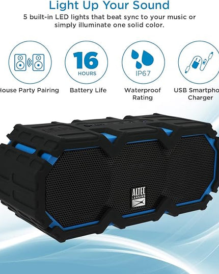 Altec Lansing LifeJacket Mini - Waterproof Bluetooth Speaker with Lights, Portable Wireless Speaker for Pool, Beach, Hiking, Sports, Camping, 16 Hour Playtime, Floats in Water