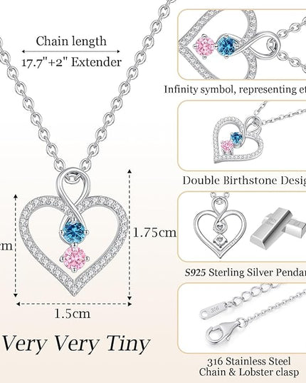 LOUISA SECRET Infinity Double Birthstone Necklace, 925 Sterling Silver Tiny Pendant Heart Necklace for Women Wife Her, Best Jewelry Gift Heart Jewelry Meaningful Gift for Valentine's Day, Christmas, Birthday Anniversary