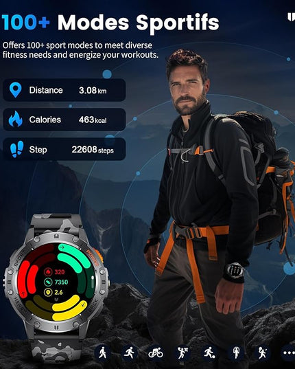 LIGE 1.43" AMOLED Smart Watch for Men with Flashlight, Bluetooth Calling, 100+ Sport Modes, 530mAh, IP68 Waterproof Fitness Tracker for Workout, iOS Android Compatible, Black Steel Camouflage Silicone