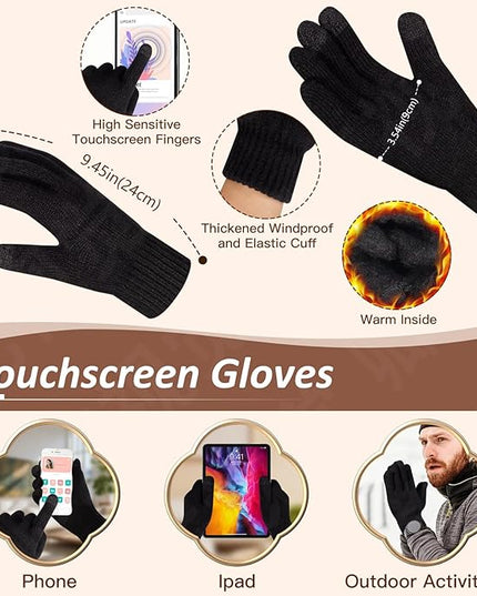 Men Women Winter Beanie Hats Scarf with Touchscreen Gloves Warm Knit Themal Gloves Long Scarf Set with Fleece Lined