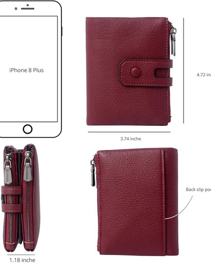 Bveyzi Small Soft Leather Wallet for Women RFID Blocking Ladies Card Holder with Double Zipper Pocket