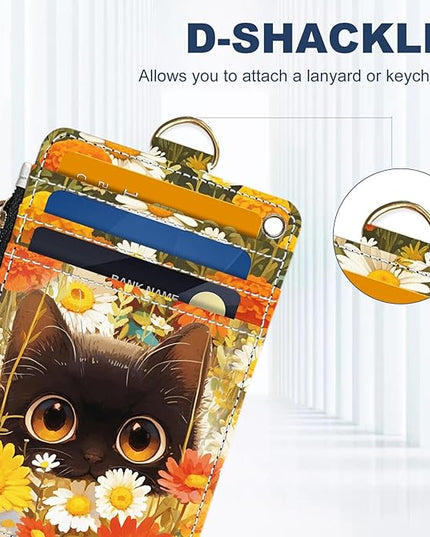 Slim Wallet Credit Card Holder, Cat and Yellow Flower, RFID Wallet Women Cute Small Front Pocket Wallet With Zipper, PU Leather Thin travel RFID Blocking Card Case ID Window,Ladies Gifts