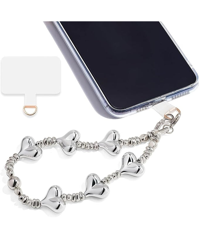 Marble Beaded Phone Wrist Strap,Detachable Phone Bracelet Strap with Tether Tab,Hands-Free Wristlet Strap (Silver Love)