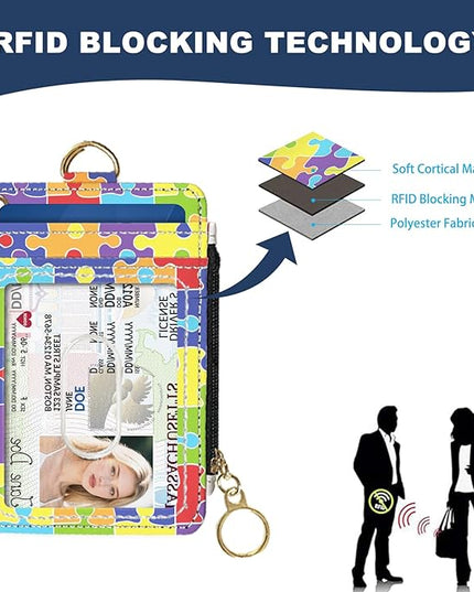 Slim Wallet Credit Card Holder, Jigsaw Puzzle, RFID Wallet Women Cute Small Front Pocket Wallet With Zipper, PU Leather Thin travel RFID Blocking Card Case ID Window,Ladies Gifts