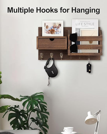 Lwenki Wall Mount Key Holder with Mail Organizer, 100% Paulownia Wood, 7 Metal Hooks, Storage Drawer, Entryway Home Decor (Brown)