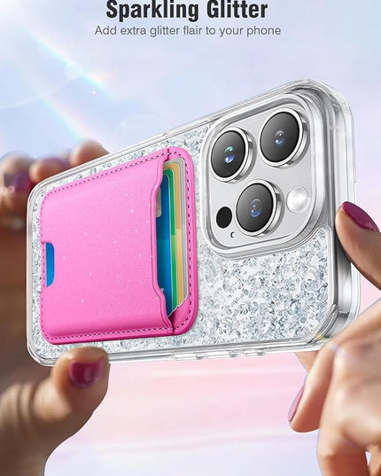 TopMade for Magsafe Wallet, Sparkle Magnetic Card Holder for iPhone 17, iPhone 16/15/14/13/12 Series, Leather Magnetic Phone Wallet with Powerful Magnet, RFID Blocking, Fit 4 Cards, Glitter Pink