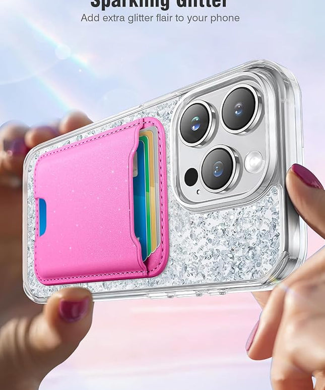TopMade for Magsafe Wallet, Sparkle Magnetic Card Holder for iPhone 17, iPhone 16/15/14/13/12 Series, Leather Magnetic Phone Wallet with Powerful Magnet, RFID Blocking, Fit 4 Cards, Glitter Pink