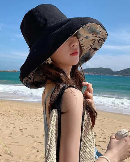 HUAMULAN Women Summer Sun Hat Wide Brim Wired Edge Floral Beach Bucket Hats Reversible Foldable Travel UV Protection Lady Hat